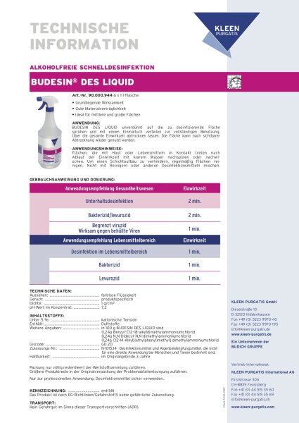 Budesin DES Liquid 1 Liter Schnelldesinfektion CLP Free