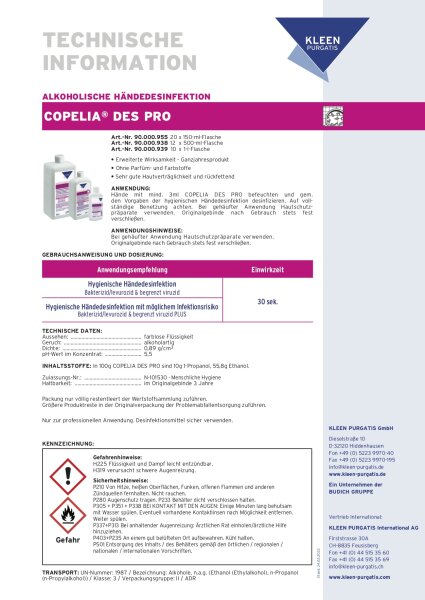 Copelia DES PRO 1 Liter Euroflasche Handdesinfektion