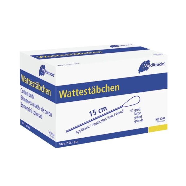 Wattestäbchen steril, zu 2 Stück steril verpackt,15 cm, großer Kopf, Holz, 100 x 2 Stück