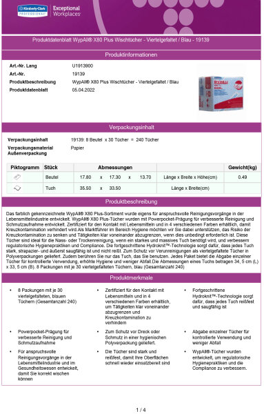 Kimberly Clark - WypAll® -  X80 Plus Wischtücher - Viertelgefaltet - Blau